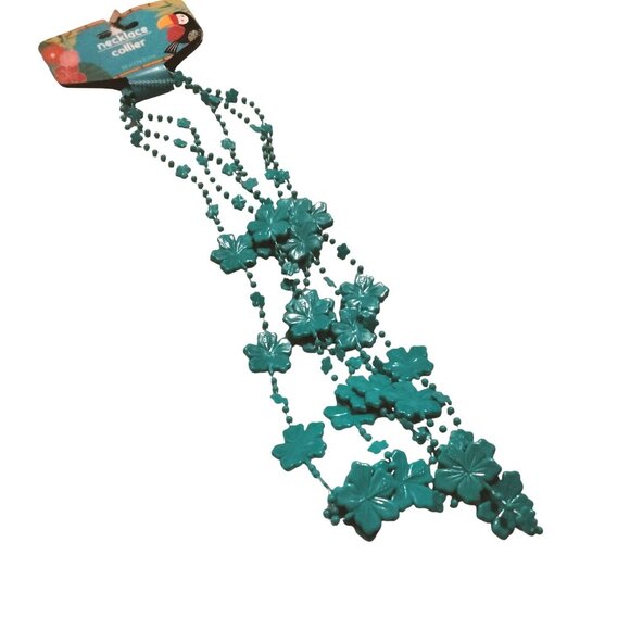 3 Blue Hawaiian Flower Beaded Necklaces Tropical Pool Party Tiki Accessory - Picture 2 of 3
